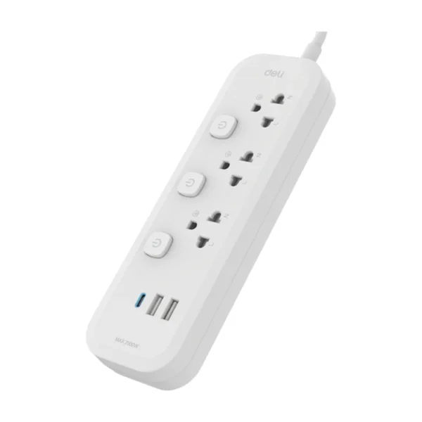 Deli รางปลั๊กไฟ กําลังไฟ 2300W 3ช่อง 3เมตร 2USB 1C สีเทา รุ่น CT492 1ชิ้น