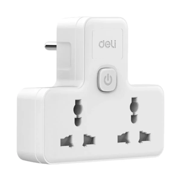 power-supply-0139 Deli อแดปเตอร์ปลั๊กแปลง 10A 2500W ทนความร้อน 750 องศา สีขาว รุ่น ET714 1ชิ้น 2 ช่อง 1 สวิตซ์