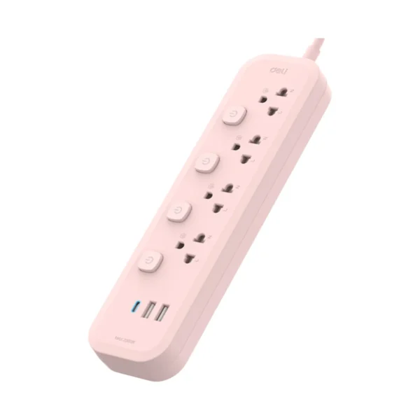 power-supply-0144 Deli รางปลั๊กไฟ กําลังไฟ 2300W 4ช่อง 3เมตร 2USB 1C สีชมพู รุ่น CT496 1ชิ้น