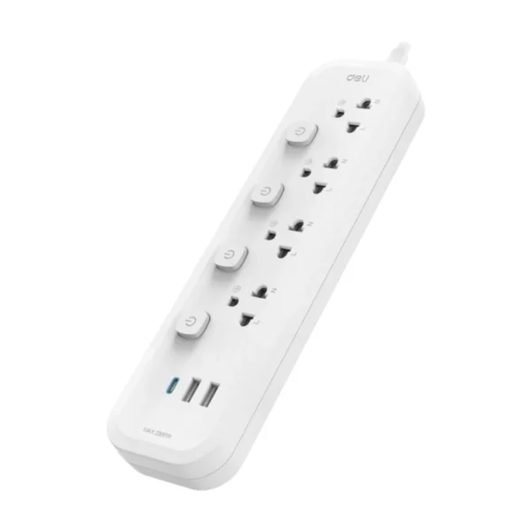 Deli รางปลั๊กไฟ 10A 2300W มี มอก. 4ช่อง 5เมตร 2USB 1typeC สีขาว รุ่น CT478 1ชิ้น