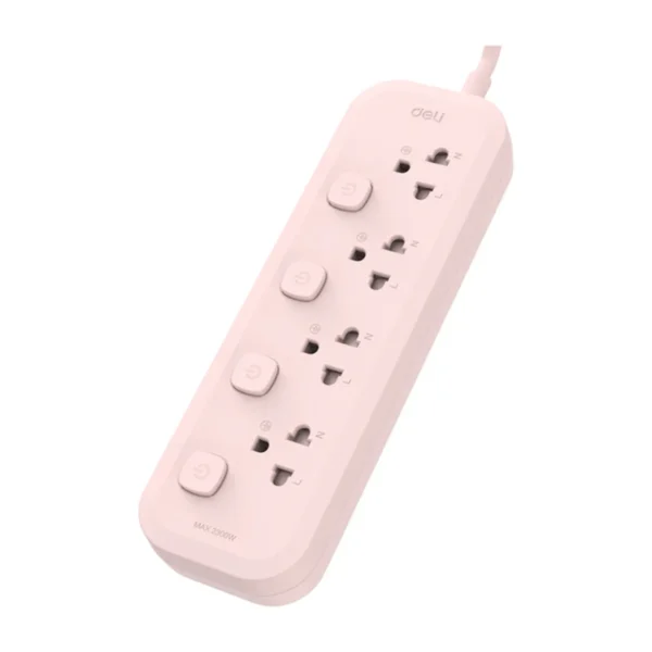 Deli รางปลั๊กไฟ กําลังไฟ 4ช่อง 3เมตร 4สวิตซ์ สีชมพู รุ่น CT490 1ชิ้น