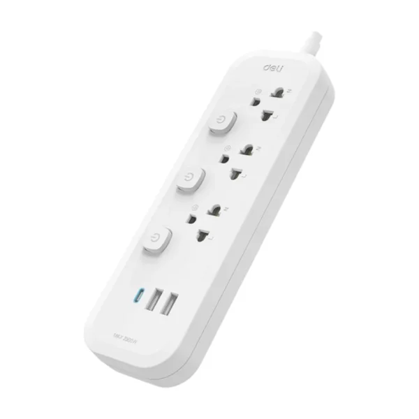 Deli รางปลั๊กไฟ 10A 2300W มี มอก. 3ช่อง 3เมตร 2USB 1typeC สีขาว รุ่น CT475 1ชิ้น