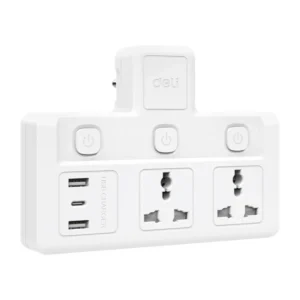 power-supply-0157 Deli อแดปเตอร์ปลั๊กแปลง 10A 2500W ทนความร้อน 750 องศา สีขาว รุ่น ET716 1ชิ้น 2 ช่อง 2A1C 3 สวิตซ์