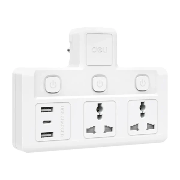 power-supply-0157 Deli อแดปเตอร์ปลั๊กแปลง 10A 2500W ทนความร้อน 750 องศา สีขาว รุ่น ET716 1ชิ้น 2 ช่อง 2A1C 3 สวิตซ์