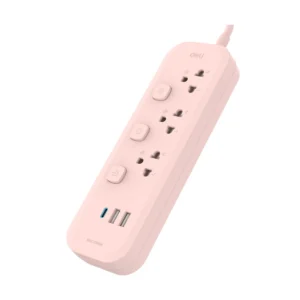 power-supply-0162 Deli รางปลั๊กไฟ กําลังไฟ 2300W 3ช่อง 3เมตร 2USB 1C สีชมพู รุ่น CT493 1ชิ้น