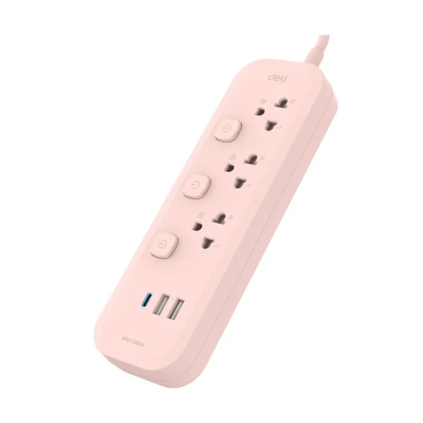 Deli รางปลั๊กไฟ กําลังไฟ 2300W 3ช่อง 3เมตร 2USB 1C สีชมพู รุ่น CT493 1ชิ้น