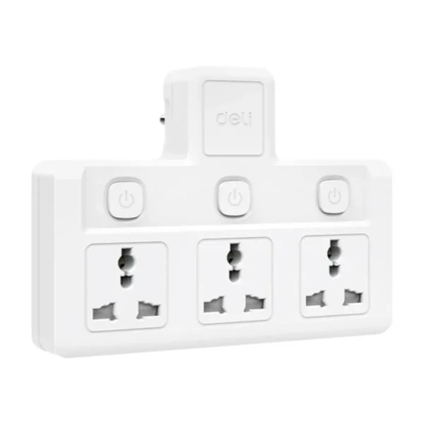 Deli อแดปเตอร์ปลั๊กแปลง 10A 2500W ทนความร้อน 750 องศา สีขาว รุ่น ET715 1ชิ้น 3 ช่อง 3 สวิตซ์