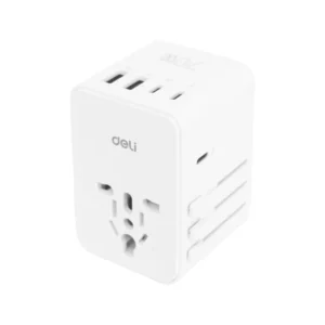 power-supply-0165 Deli หัวแปลงปลั๊กไฟ หัวชาร์จต่างประเทศ แรงดันไฟ110-230V สีขาว รุ่น ET766 1ชิ้น