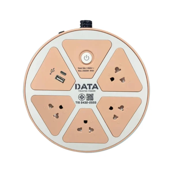 power-supply-0170 DATA ปลั๊กไฟ ดาต้า 4 ช่อง 1 สวิตช์ 1 USB 1 USB-C สาย 3 5 เมตร รุ่น APUC4624 ปลั๊กพ่วง มอก.แท้ สีพีช 3 เมตร