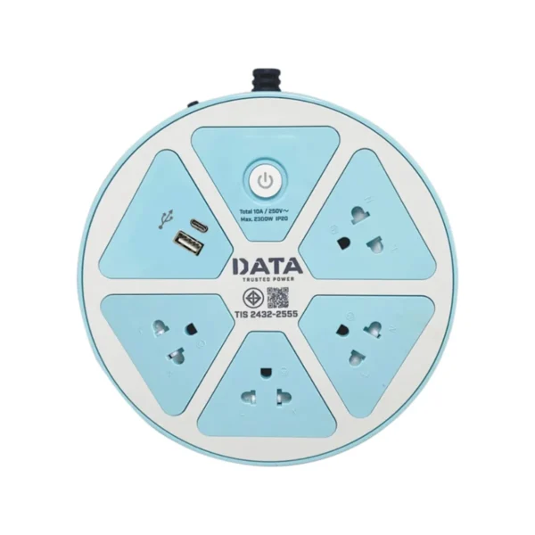 power-supply-0177 DATA ปลั๊กไฟ ดาต้า 4 ช่อง 1 สวิตช์ 1 USB 1 USB-C สาย 3 5 เมตร รุ่น APUC4624 ปลั๊กพ่วง มอก.แท้ สีฟ้า 3 เมตร