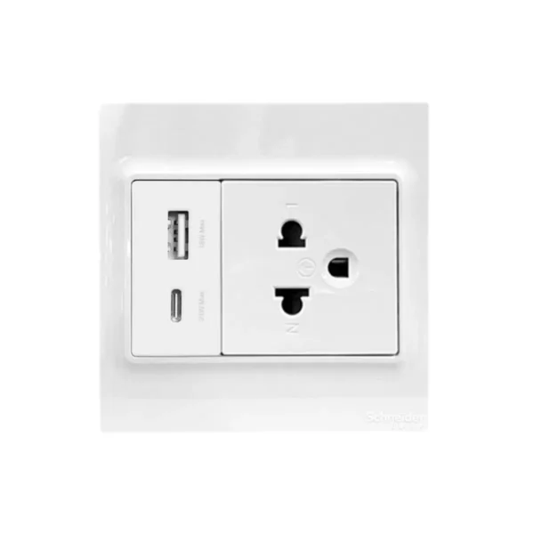 Schneider ชุดเต้ารับ USB Type A+C+เต้ารับเดี่ยว 3ขา 16A 250V ขนาด 3x3 สีขาว รุ่น Miluz E | Ucanbuys
