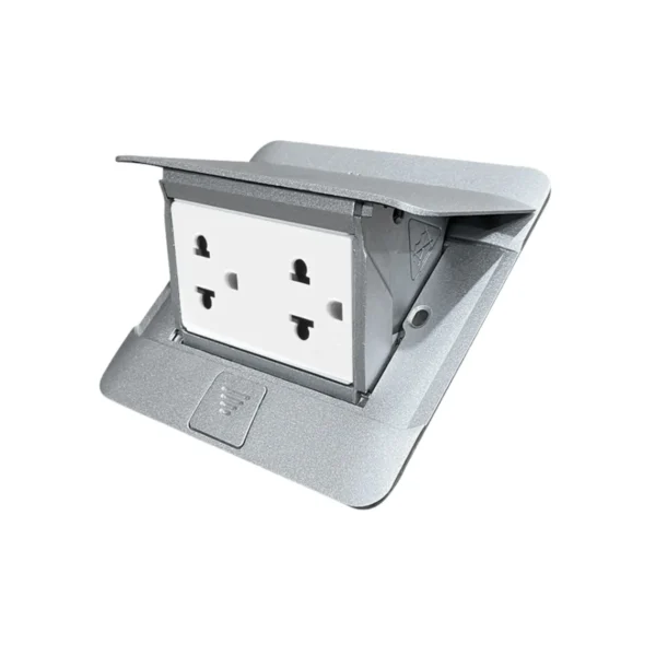 power-supply-0204 BTicino ชุดเต้ารับฝังพื้นสีอลูมิเนียม + เต้ารับคู่ 3ขา มีม่านนิรภัย สีขาว (ไม่มี box ฝัง)