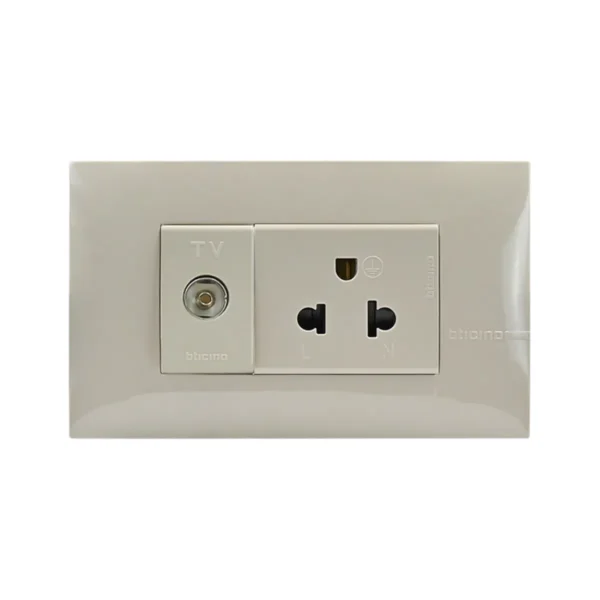 power-supply-0205 BTicino ชุดเต้ารับโทรทัศน์แบบเกลียว + เต้ารับเดี่ยว 3 ขา มีม่านนิรภัย สีเบจ | Bamboo