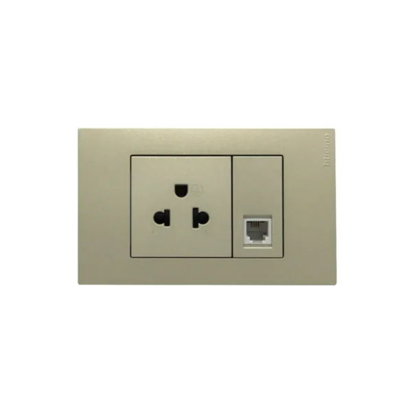 power-supply-0223 BTicino ชุดเต้ารับเดี่ยว 3ขา มีม่านนิรภัย + เต้ารับโทรศัพท์ พร้อมฝาครอบ สีไทเทเนียม รุ่น Nexy