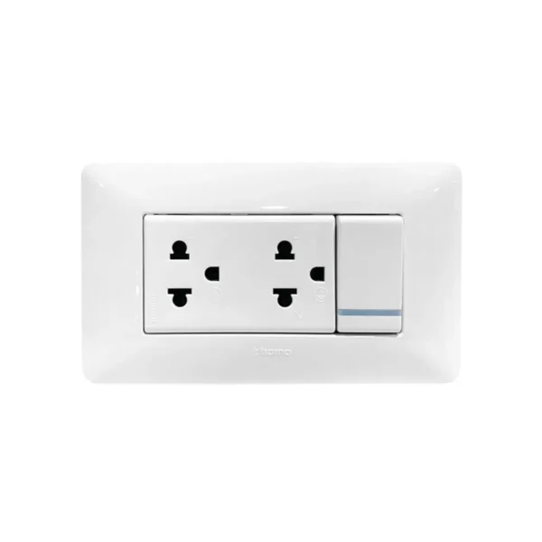 power-supply-0238 BTicino ชุดเต้ารับคู่ 3ขา+สวิตซ์สองทาง 16A 250V มีพรายน้ํา+ฝาครอบ 4ช่อง สีขาว พร้อมบล็อกฝัง | Matix