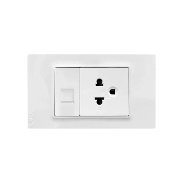 power-supply-0269 Schneider Electric ชุดเต้ารับโทรศัพท์ + เต้ารับเดี่ยว 3ขา มีม่านนิรภัย สีขาว รุ่น Miluz E | Ucanbuys