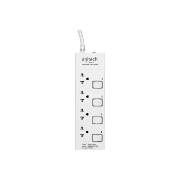 power-supply-0275 Anitech ปลั๊กไฟ 4 ช่อง 4 สวิตช์ รุ่น H7134-WH สายยาว 3 เมตร กําลังไฟ 3500 วัตต์