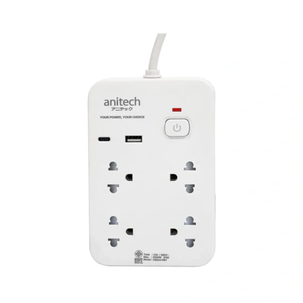power-supply-0278 Anitech 4 ช่อง 1 สวิตช์ รุ่น H5534-WH สายยาว 3 เมตร กําลังไฟ 2200W