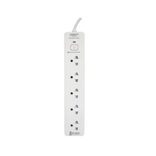 power-supply-0279 Anitech ปลั๊กไฟ 5 ช่อง 1 สวิตช์ รุ่น H1335-WHสายไฟคุณภาพยาว 3 เมตร กําลังไฟ 2200W