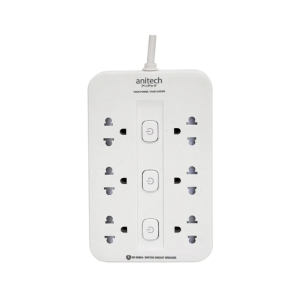 power-supply-0280 Anitech 6 ช่อง 3 สวิตช์ รุ่น H536-WH-ONLINE สายยาว 3 เมตร กําลังไฟ 2200 W