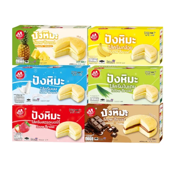 Minhuaขนมปังหิมะ ขนมปังสอดไส้ครีม หลายรสชาติ รวมรส คละรส ชิ้นใหญ่ 6 กล่อง ครึ่ีงโหล(6 กล่อง/72ชิ้น) คละรส 6 กล่อง