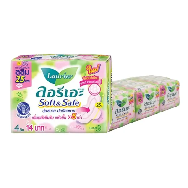 sanitary-pad-0015 ลอรีเอะ ซอฟท์แอนด์เซฟ สลิม ผ้าอนามัยแบบมีปีก 25 ซม. 4 ชิ้น x 12