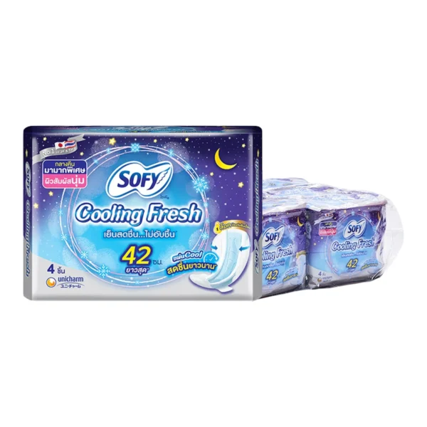 sanitary-pad-0053 โซฟี คูลลิ่งเฟรช กลางคืน สลิม แบบมีปีก 42 ซม. 4 ชิ้น x 6