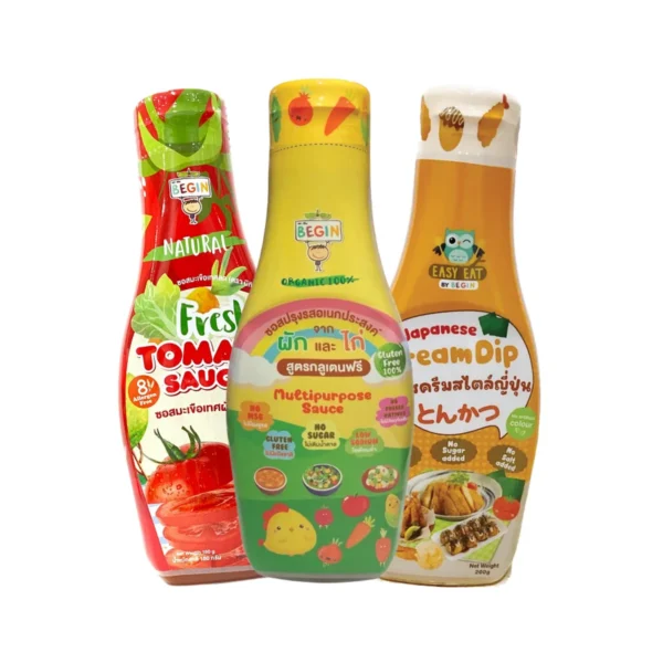 sauce-seasoning-0594 Begin Baby ซอสปรุงรสสําหรับเด็ก ซอสมะเขือเทศจากผักผลไม้สด 180 กรัม x1 + ซอสแม๊กกี้เด็กผสมผัก 220 กรัม x1 + ซอสครีมสไตล์ญี่ปุ่น 200 กรัม x1