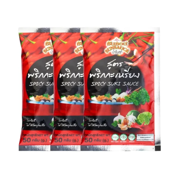 sauce-seasoning-0747 SUNSAUCE (ซันซอส) น้ําจิ้มสุกี้ น้ําจิ้มหมูกระทะ น้ําจิ้มปิ้งย่าง สูตรพริกกะเหรี่ยง แบบซอง 50 กรัม x3 ซอง