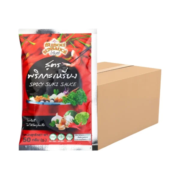 sauce-seasoning-0760 SUNSAUCE (ซันซอส) น้ําจิ้มสุกี้ สูตรพริกกะเหรี่ยง ขนาด 50 กรัม 12 ซอง แถมฟรี 1 ซอง (ยกลัง)