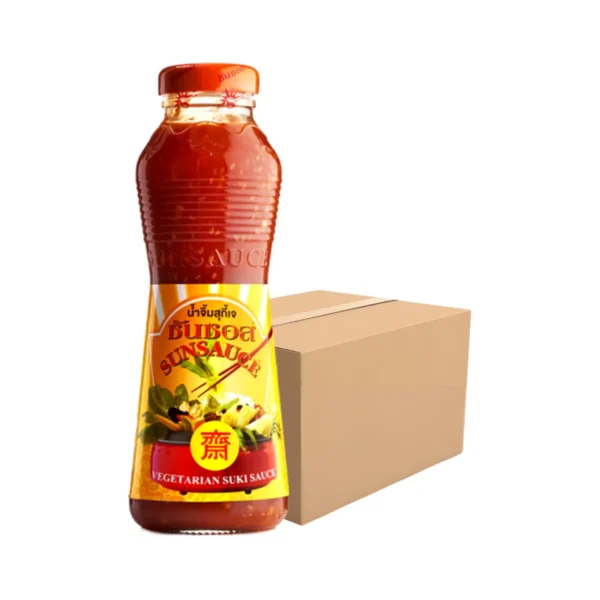 sauce-seasoning-0768 SUNSAUCE (ซันซอส) น้ําจิ้มสุกี้เจ น้ําจิ้มสุกี้ สูตรเจ แบบขวด 380 กรัม 12 ขวด แถมฟรี 1 ขวด (ยกลัง)