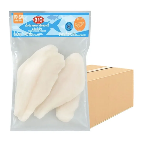 seafood-0044 เอโร่ เนื้อปลาแพนกาเซียสแล่แช่แข็ง 170-220 ก./ชิ้น (UNTRIMMED) ยกลัง 1 กก. X 10 แพ็ค