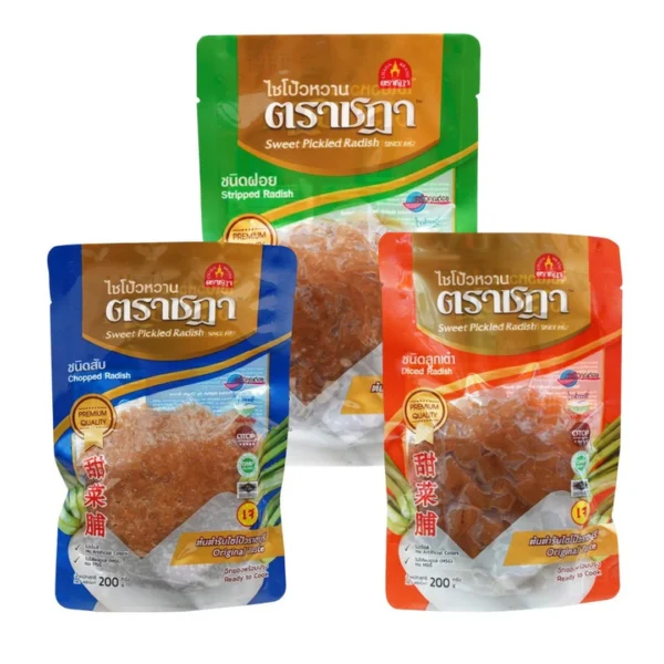 seasoning-0854 ไชโป้ว ตราชฎา คละแบบยอดนิยม (ชนิดฝอย สับละเอียด และลูกเต๋า) เกรดพรีเมี่ยม สูตรต้นตํารับแท้ 65 ปี ต.เจ็ดเสมียน จ.ราชบุรี