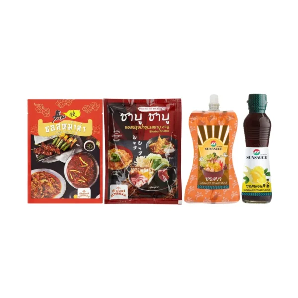 seasoning-1162 SUNSAUCE (ซันซอส) Family SetB ซอสหม่าล่า(100กรัม) ซุปชาบู(100กรัม) ซอสงา(150กรัม) น้ําจิ้มพอนสึ(190ml)