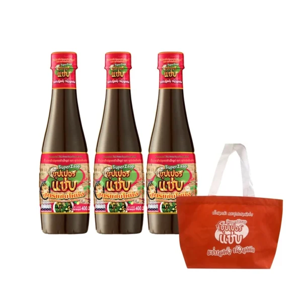 seasoning-1386 ซุปเปอร์แซ่บ น้ําปลาร้าปรุงรส สูตรแซ่บโหน่ง 3 ขวด + กระเป๋าผ้า