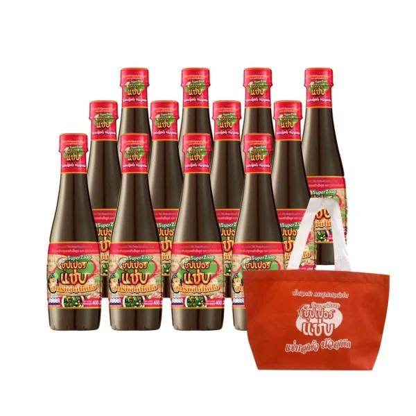 seasoning-1387 ซุปเปอร์แซ่บ น้ําปลาร้าปรุงรส สูตรแซ่บโหน่ง 12 ขวด + กระเป๋าผ้า