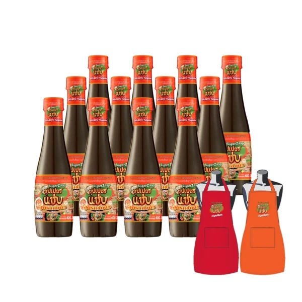 seasoning-1389 ซุปเปอร์แซ่บ น้ําปลาร้าปรุงรส สูตรแซ่บนัว 12 ขวด + ผ้ากันเปื้อนคละสี