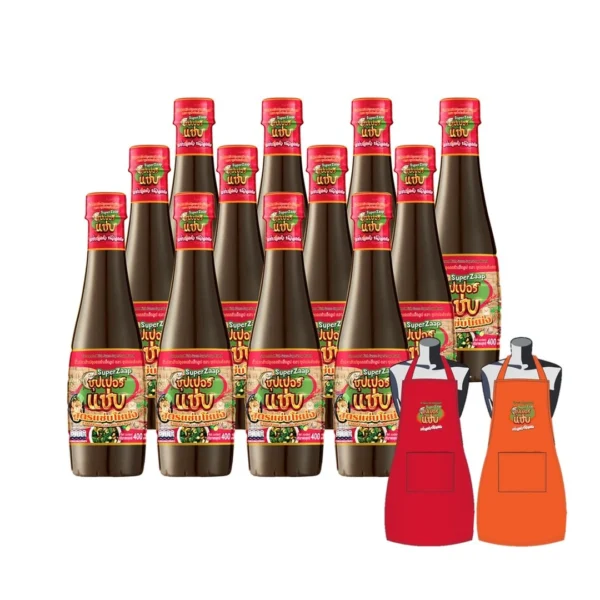 seasoning-1392 ซุปเปอร์แซ่บ น้ําปลาร้าปรุงรส สูตรแซ่บโหน่ง 12 ขวด + ผ้ากันเปื้อนคละสี