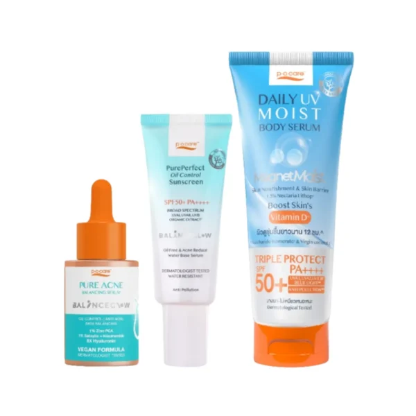 [ACNE BALANCEGLOW TRIO SET ] POCARE เซรั่มสิวPURE ANCE 30ml 1ขวด+กันแดดสิวPURE PERFECT 40 ml 1หลอด+UV MOIST 190ML 1