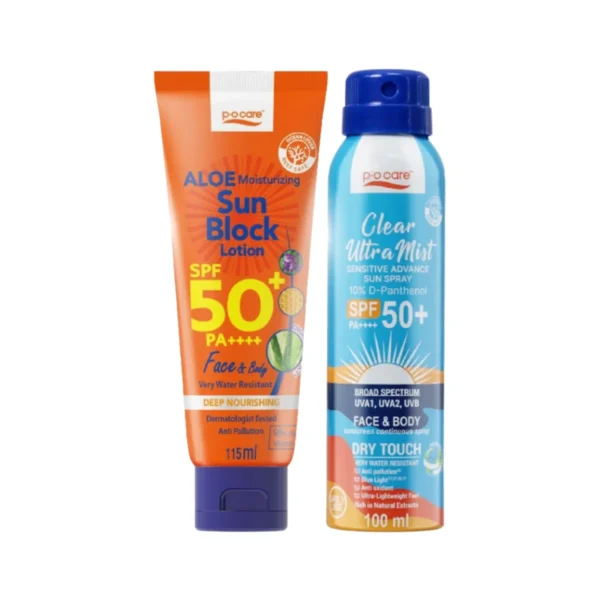 [เซตกันแดดสําหรับผิวเเพ้ง่าย] POCARE ALOE SUN BLOCK 115 ml 1 ชิ้น + CLEAR ULTRAMIST SPRAY 100 ml 1 ชิ้น เที่ยว วิ่ง