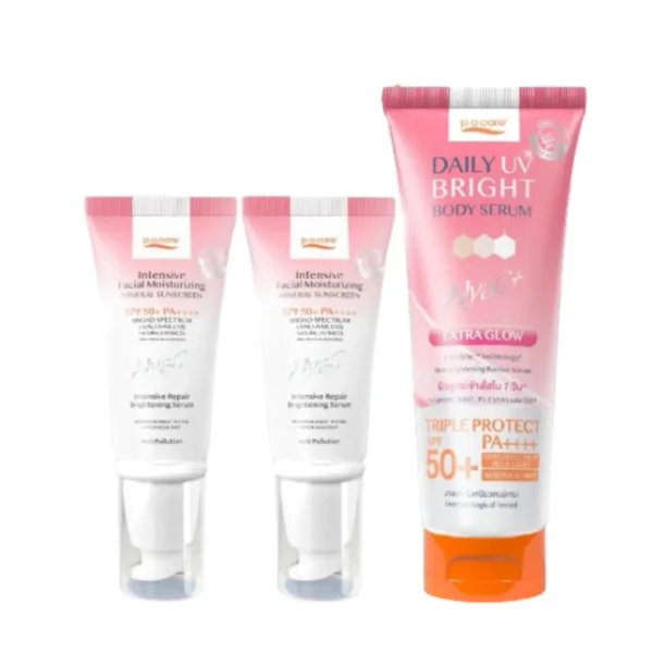 [เซตผิวไบร์ท] POCARE Set Glow Booster x3 SPF50+PA++++ HyaC+ 40 ml 2 หลอด + Daily UV Bright 190 ml 1 หลอด