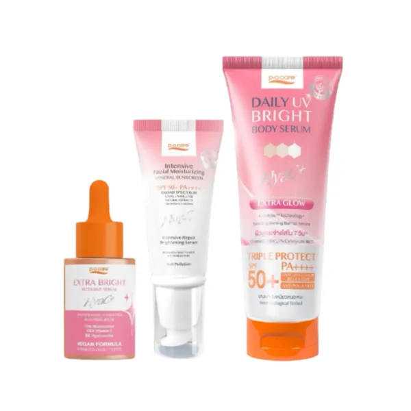 [Brightening Booster Trio Set]POCARE เซรั่ม EXTRA BRIGHT 30ml + กันแดดหน้า HyaC+ 40 ml + กันแดดตัวDaily UV Bright 190 ml