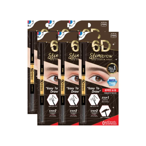 skin-care-makeup-1919 ขายดี NO1 เขียนคิ้ว กันน้ํามาก Mee 6D Slimbrow Auto Eyebrow Pencil คิ้วหัวสลิมเล็ก ติดทน สีเเน่น 01Espresso x 6 ชิ้น