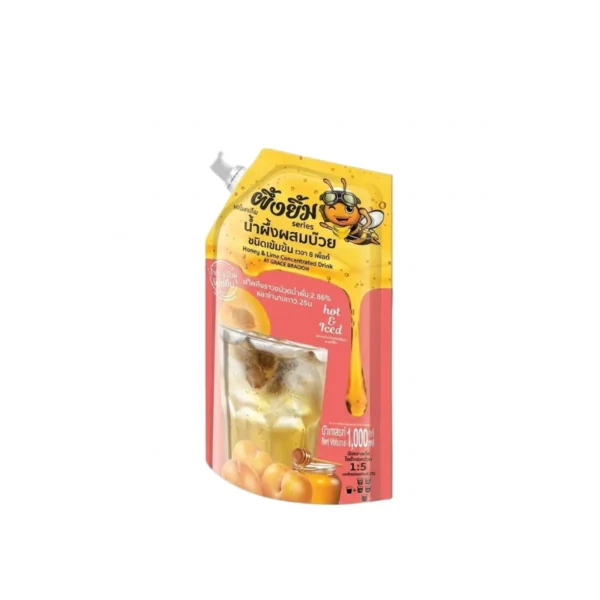 sweet-condiment-0183 4รสชาติ** (ผึ้งยิ้ม) น้ําผึ้งผสมผลไม้ชนิดเข้มข้น*1000ml (น้ําผึ้งบ๊วย)