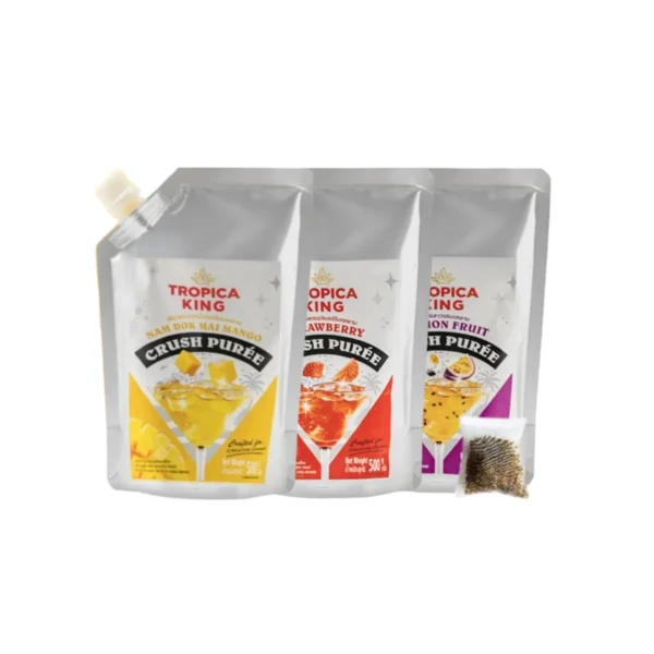 Tropica King เพียวเร่ผลไม้บดหยาบ สูตรเข้มข้น คละรสชาติ 500 g x3 แถมฟรี ชาเขียวมะลิ 60 กรัม
