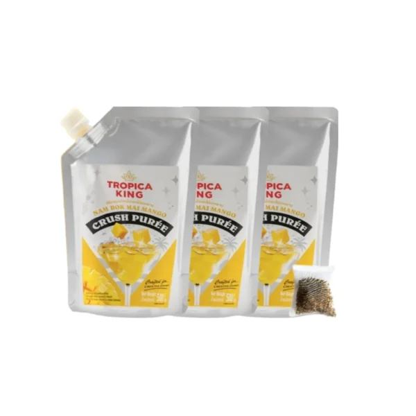Tropica King เพียวเร่ผลไม้บดหยาบ สูตรเข้มข้น รสมะม่วงน้ําดอกไม้ 500 g x3 แถมฟรีชาเขียวมะลิ 60 กรัม