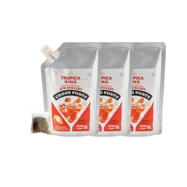 Tropica King เพียวเร่ผลไม้บดหยาบ สูตรเข้มข้น รสสตรอว์เบอร์รี 500 g x3 แถมฟรี ชาเขียวมะลิ 60 กรัม