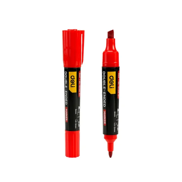 Deli ปากกามาร์คเกอร์2หัว หัวตัดและกลม สีแดง รุ่น DT03