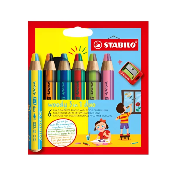 สตาบิโล ดินสอสี สีชอล์ค สีน้ํา WOODY 3IN1 DUO (แบบ 2 สีในแท่งเดียว) 6 แท่ง